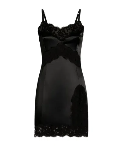 DOLCE & GABBANA LACE-TRIMMED SATIN SLIP MINI DRESS