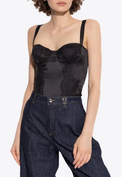 Dolce & Gabbana Lace-trimmed Silk Bodysuit In Black