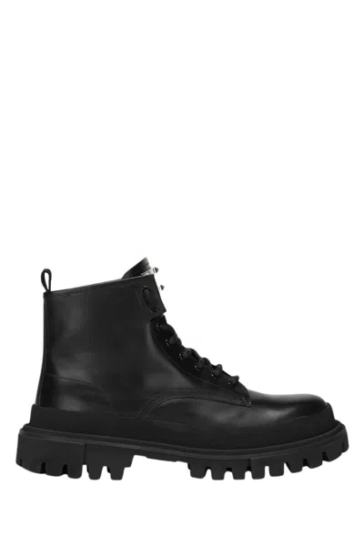 DOLCE & GABBANA DOLCE & GABBANA LACE-UP LEATHER BLACK ANKLE BOOTS