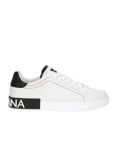 Dolce & Gabbana Portofino White And Black Low Top Sneakers With Logo Detail In Leather Man