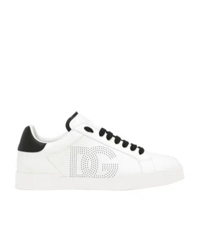 Dolce & Gabbana Portofino' White Low Top Sneakers With Perforated Logo In Leather In Multi