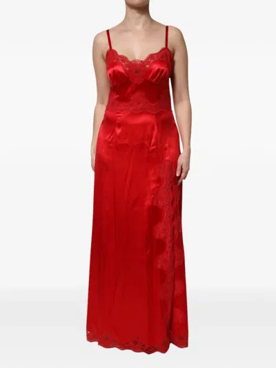 Dolce & Gabbana Silk Maxi Dress Sleeveless Adjustable Straps Lace In Red