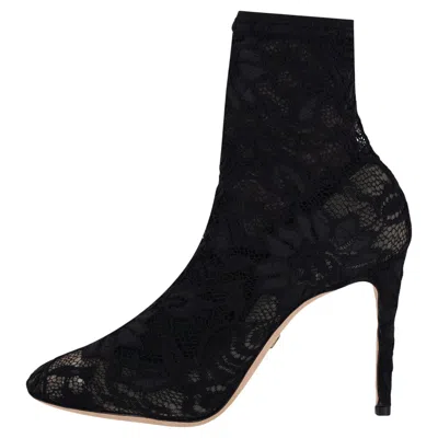 Pre-owned Dolce & Gabbana Lace-embellished Sock Ankle Boots In Black