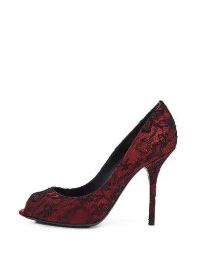 Pre-owned Dolce & Gabbana Lace-overlay Open-toe Pumps In Red