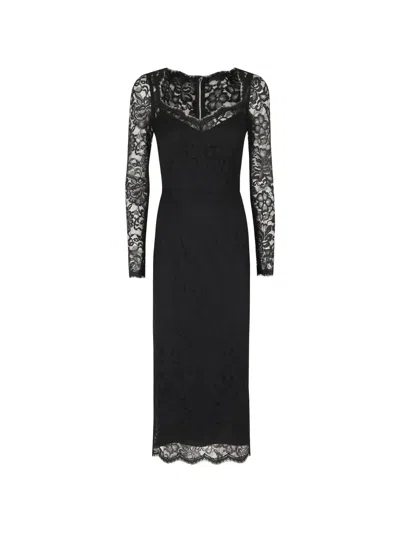 Dolce & Gabbana Lace-overlay V-neck Midi Dress In Black