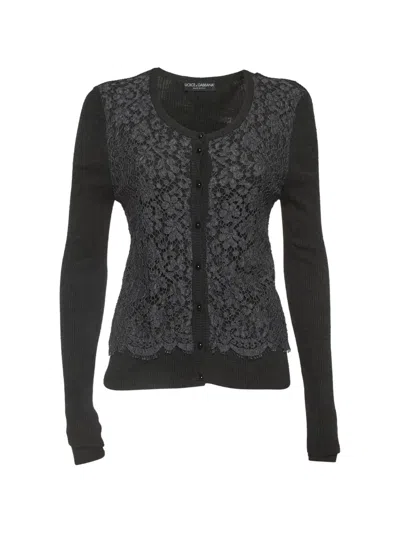 Pre-owned Dolce & Gabbana Lace-panel Rib-knit Cardigan In Gray