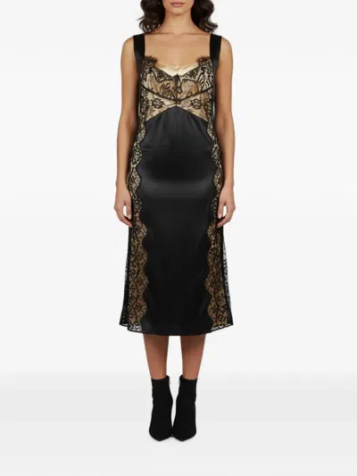 Pre-owned Dolce & Gabbana Lace-panel Satin Midi Dress In Black