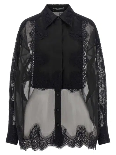 Dolce & Gabbana Lace-paneled Cashmere Organza Blouse In Black