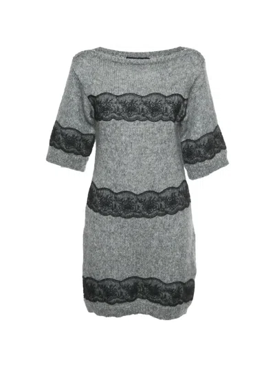 Pre-owned Dolce & Gabbana Lace-trim Rib-knit Mini Dress In Gray
