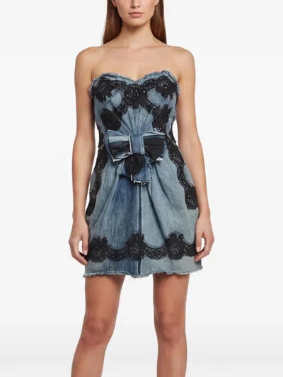 Pre-owned Dolce & Gabbana Lace-trim Strapless Mini Dress In Blue