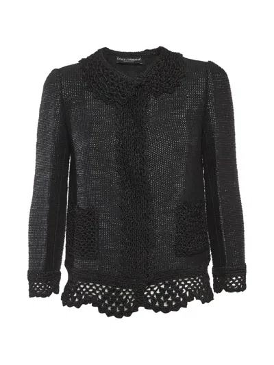 Pre-owned Dolce & Gabbana Lace-trim Tweed Jacket In Black