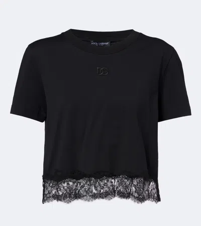 Dolce & Gabbana Lace-trimmed Cotton-blend T-shirt In Black