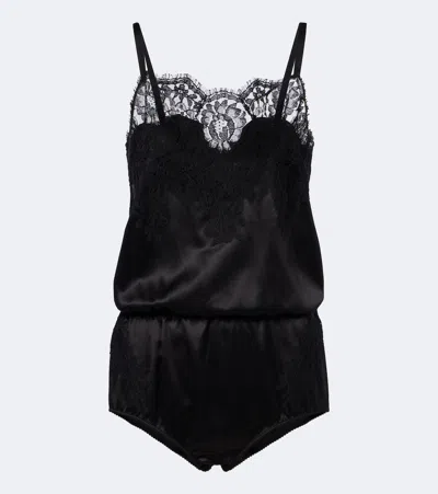 Dolce & Gabbana Lace-trimmed Silk And Cotton-blend Romper In Black