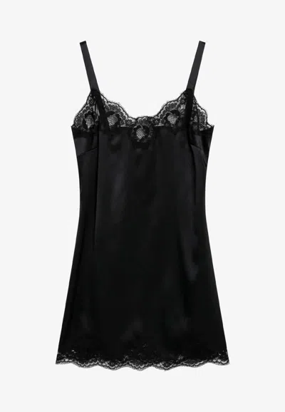 Dolce & Gabbana Lace-trimmed Silk Sleeveless Slip Dress In Blue