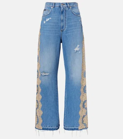 Dolce & Gabbana Lace-trimmed Wide-leg Jeans In Blue