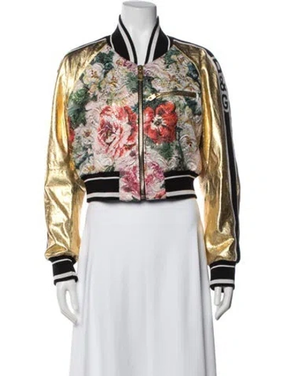 Pre-owned Dolce & Gabbana Lamb Leather Floral Print Bomber Jacket In White