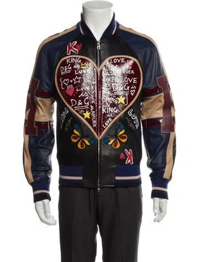 Pre-owned Dolce & Gabbana Lamb Leather Graphic Print Bomber Jacket In Black