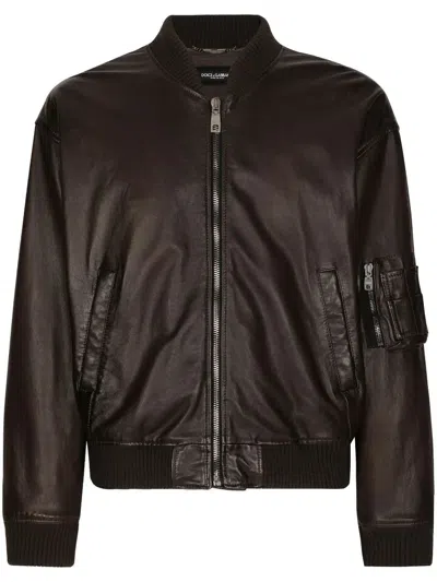 Dolce & Gabbana Lambskin Bomber Jacket In Brown