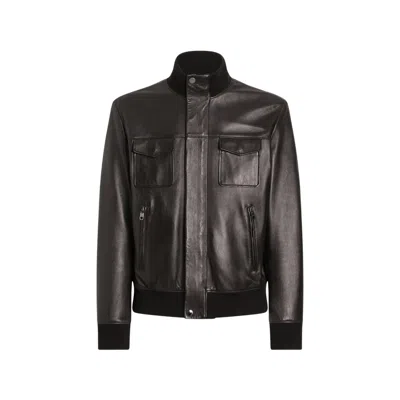 Dolce & Gabbana Lambskin Bomber Jacket Front Zipper Pockets In Black