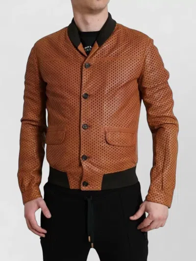Dolce & Gabbana Lambskin Bomber Jacket Perforated Band Collar In Black
