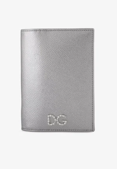Dolce & Gabbana Laminated Leather Passport Holder With Dg Crystal Logo In Silver