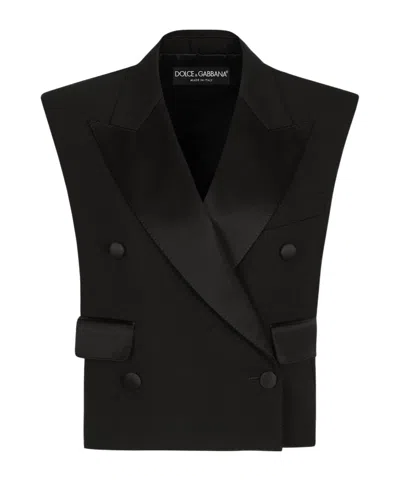 Dolce & Gabbana Sleeveless Double-breasted Wool Gabardine Tuxedo Jacket In Black