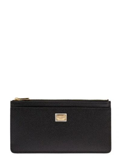 Dolce & Gabbana Large Card Holder With Branded Plate And Zip In Grainy Leather In Black