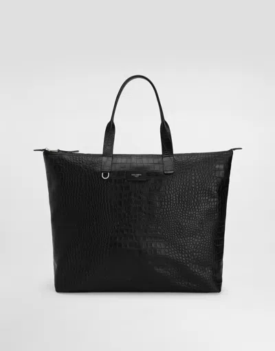 Dolce & Gabbana Large Crocodile-print Calfskin Shopper In Black