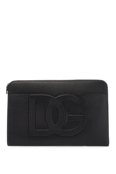 Dolce & Gabbana Large Hammered Leather Pouch In Black