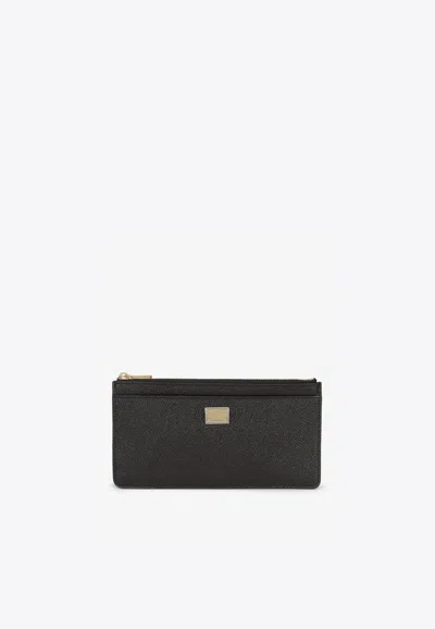 Dolce & Gabbana Large Logo Plaque Cardholder In Dauphine Leather In Black