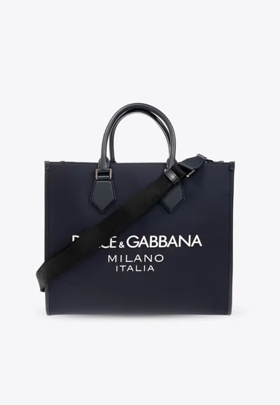 Dolce & Gabbana Large Logo Print Top Handle Bag In Navy