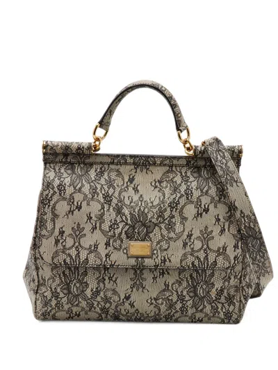 Pre-owned Dolce & Gabbana Large Miss Sicily Lace-print Handbag In Neutrals
