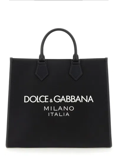 Dolce & Gabbana Large Nylon Shopper With Rubberized Logo In Black