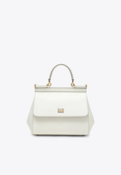 Dolce & Gabbana Large Sicily Hammered Leather Top Handle Bag In White