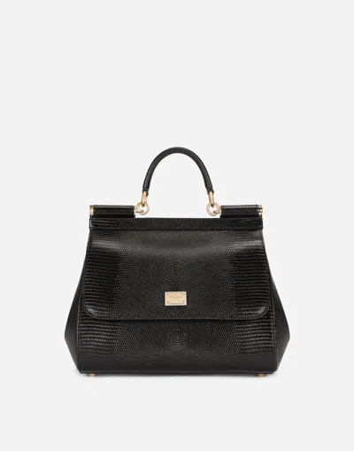 Dolce & Gabbana Medium Sicily Bag In Iguana-print Calfskin In Black