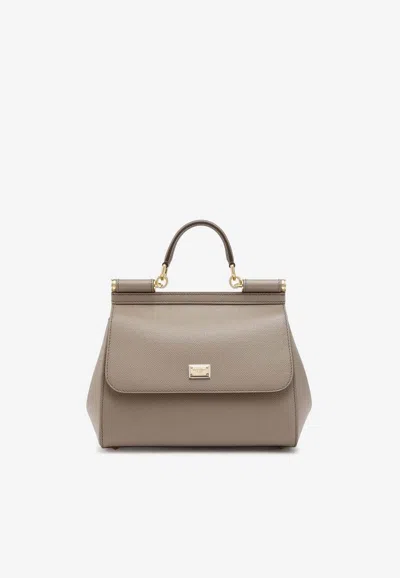 Dolce & Gabbana Large Sicily Leather Top Handle Bag In Beige