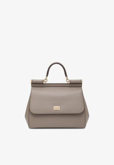 Dolce & Gabbana Large Sicily Leather Top Handle Bag In Brown