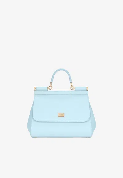 Dolce & Gabbana Large Sicily Top Handle Bag In Dauphine Leather In Blue