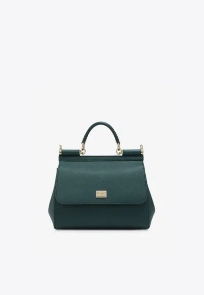 Dolce & Gabbana Large Sicily Top Handle Bag In Dauphine Leather In Dark Green