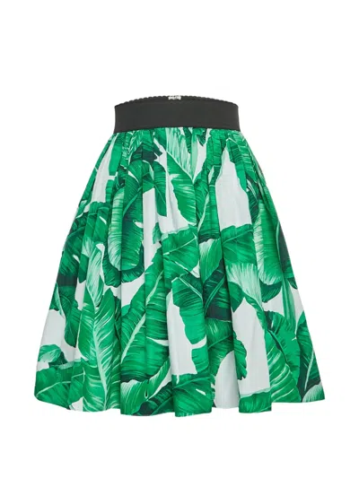 Pre-owned Dolce & Gabbana Leaf-print Pleated Mini Skirt In Green
