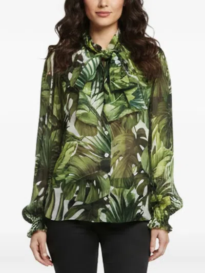 Pre-owned Dolce & Gabbana Leaf-print Pussy-bow Blouse In Green