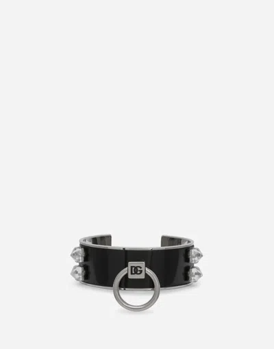 Dolce & Gabbana Leather And Brass Rigid Bracelet In Silver