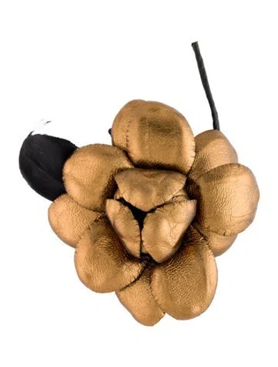 Pre-owned Dolce & Gabbana Leather & Fabric Camellia Flower Brooch In Black/gold