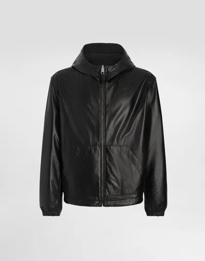 DOLCE & GABBANA LEATHER AND FABRIC JACKET WITH REVERSIBLE HOOD