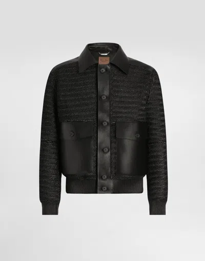 Dolce & Gabbana Leather And Raffia Mesh Jacket In Black