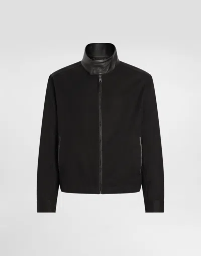 Dolce & Gabbana Leather And Technical Fabric Jacket With A High Neck And Tag In Black
