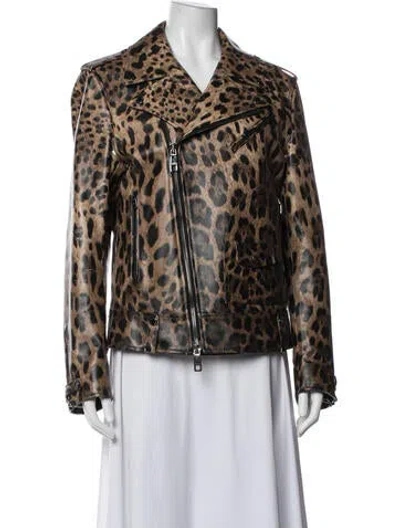 Pre-owned Dolce & Gabbana Leather Animal Print Biker Jacket W/ Tags In Multicolor