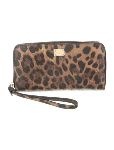 Pre-owned Dolce & Gabbana Leather Animal Print Wristlet In Brown