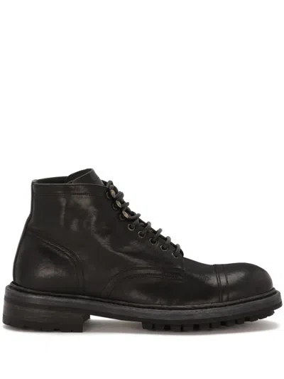Dolce & Gabbana Horse Leather Perugino Lace Up Ankle Boots In Black