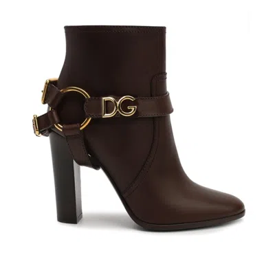 Dolce & Gabbana Logo High-heeled Ankle Boots In Brown